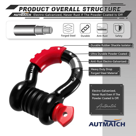 Three Quarter Inch D Ring Shackle Two Pack Beefed Up Heavy Duty Tow Winch Recovery Gear With Seven Eighths Inch Screw Pin Shackle Isolators And Washers Kit For Off Road Vehicles Black And Red Finish Break Strength Up To 10,471 Pounds showing rubber shackle isolator and powder coating.