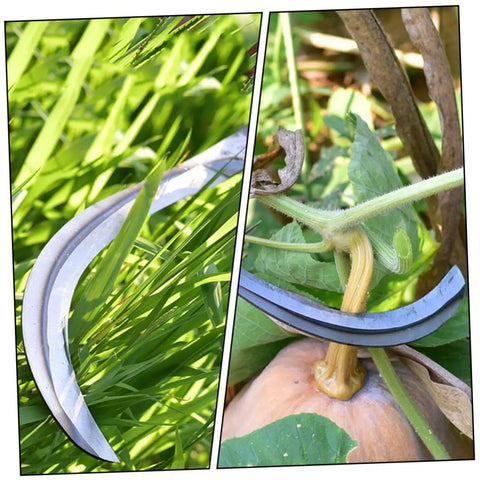 Close-up of the Two Piece Manganese Weeding Scythe Set for Gardening and Harvesting cutting through grass and plant stem.