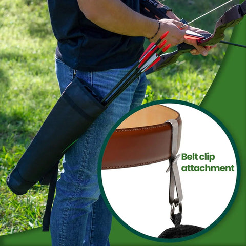 Back Archery Quiver Holder with adjustable strap and belt clip shown with arrows and bow outdoors