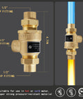 Front and installed views of brass 1/2-inch backflow preventer with 1/2" FIP fittings and intermediate atmospheric vent.