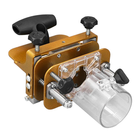 Heavy Duty Stainless Steel Router Mortise And Tenon Jig Precision Woodworking Slotting Fixture with clear attachment and knobs.