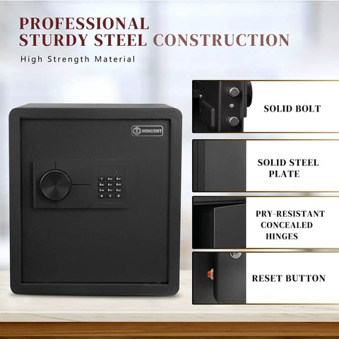Home Security Safe With Programmable Keypad, Steel Lock Box With Alarm System, featuring sturdy steel and solid bolt details, 1.2 Cubic Feet.