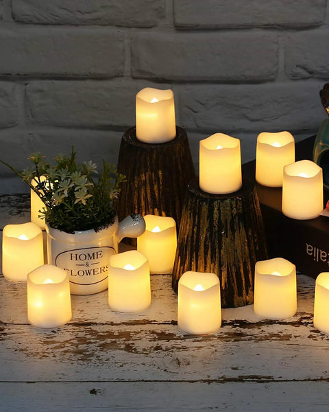 Flameless Votive Candles 24 Pack LED Tea Lights With Realistic Flicker, warm white light display for table decor
