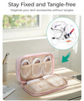 Open Electronics Organizer Travel Case For Cords Chargers Cables And Small Tech Gear Dual Layer Pouch With Fluffy Quilted Pink Finish