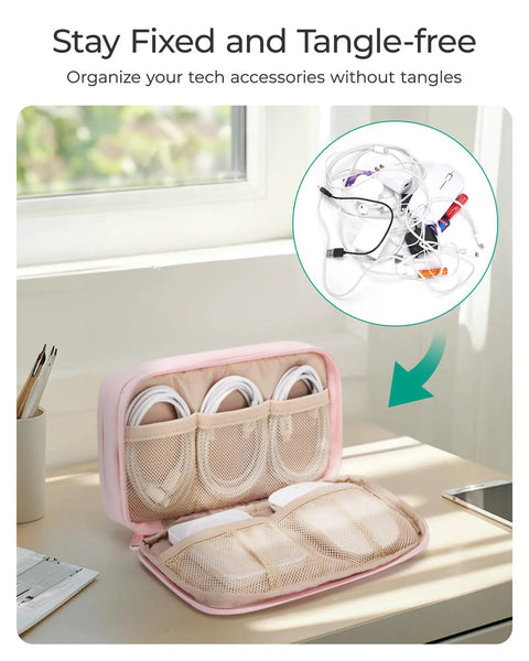 Open Electronics Organizer Travel Case For Cords Chargers Cables And Small Tech Gear Dual Layer Pouch With Fluffy Quilted Pink Finish