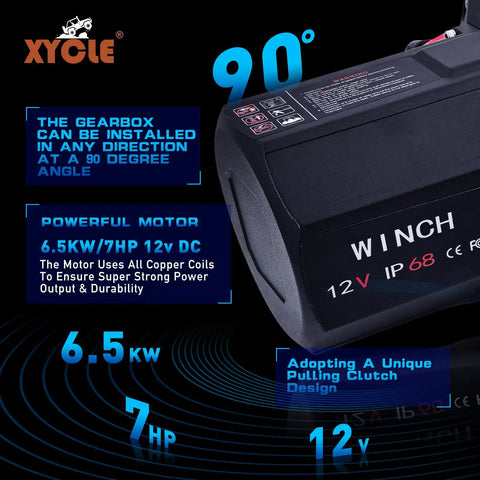 XYCLE 12000 Lb Electric Winch With Synthetic Rope features a 12V motor, showing gear installation at a 90-degree angle.