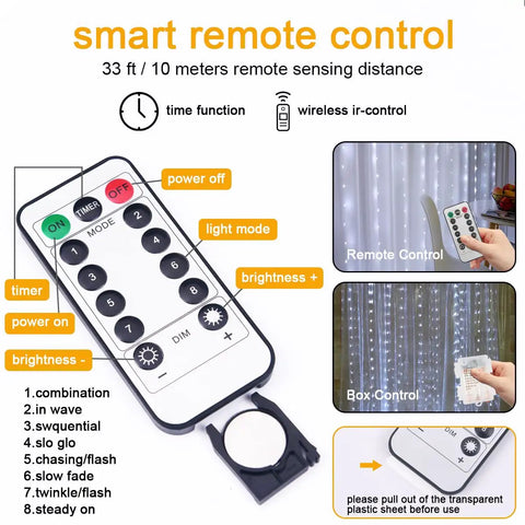 Remote control and setup guide for Fairy Curtain Lights 300 LED White Window Curtain String Lights, USB/Battery powered.