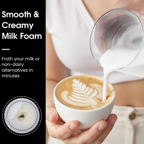 Cold Foam Milk Frother 9oz Automatic No Mess Whipping Gadget For Lattes, Cappuccinos, And Macchiatos, Quick Handheld Frother Delivers Thick Creamy Foam In Seconds, Smoky Black Finish pouring milk into latte