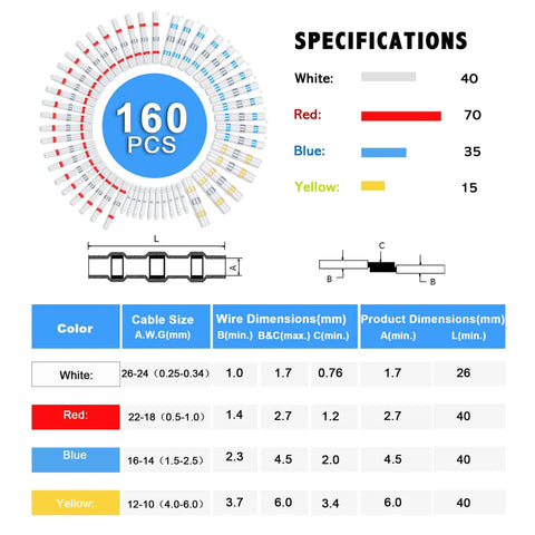 Specifications chart of 160-Piece Solder Seal Wire Connectors Kit Waterproof Solderless Crimpless Heat Shrink Butt Terminals.