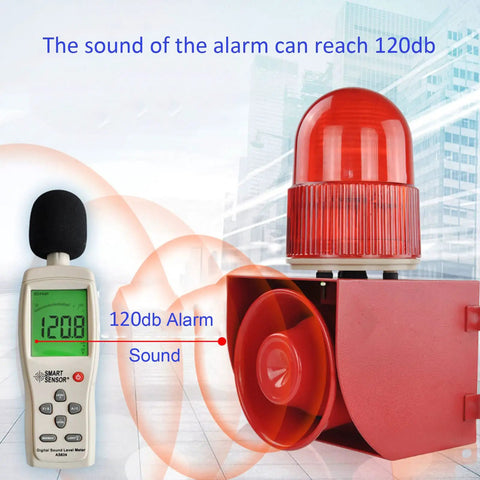 Beefy Sound And Light Alarm Siren With LED Strobe 120dB Outdoor Security Horn showcased with sound level meter reading 120dB