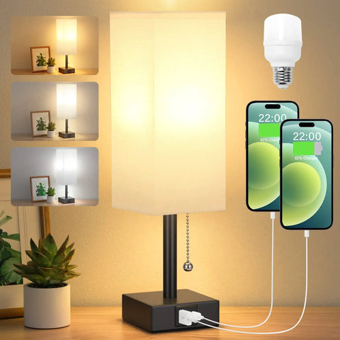 Nightstand Lamp With 3 Color Temperatures 2700K 3500K 5000K, USB C And USB A Ports, Pull Chain Control, Includes LED Bulb, White Finish