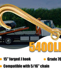 2 Pack 15 Inch J Hooks With Coupling Link For Tow And Recovery Yellow Zinc Plated J Tow Hooks displayed with towing truck