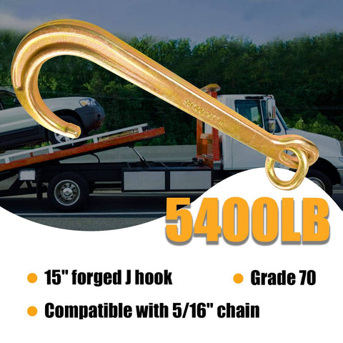 2 Pack 15 Inch J Hooks With Coupling Link For Tow And Recovery Yellow Zinc Plated J Tow Hooks displayed with towing truck
