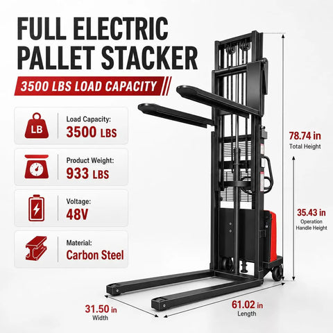 Heavy Duty 3500 Lbs Carbon Steel Semi Electric Pallet Stacker With Electric Drive And Manual Lift For Tough Warehouse Ops, showing specifications.
