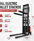 Get This Heavy Duty 3500 Lbs Carbon Steel Semi Electric Pallet Stacker With Adjustable Forks For Smooth Warehouse Work And Reliable Material Moves, showcasing dimensions and capacity.