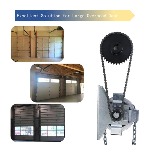LAJIAOZ garage door jackshaft chain hoist with black sprocket and steel chain, mounted housing for roll‑up doors