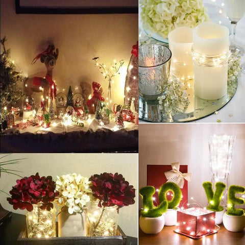 Battery Operated Fairy Lights With Remote, 50 LEDs Warm White 16Ft Silver Wire, 8 Modes With Timer used in holiday decor.