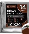Heavy Duty Waterproof Tarp 10x20 Ft 14 Mil Extra Thick Cover With Grommets And Reinforced Edges, UV Resistant, Silver Brown