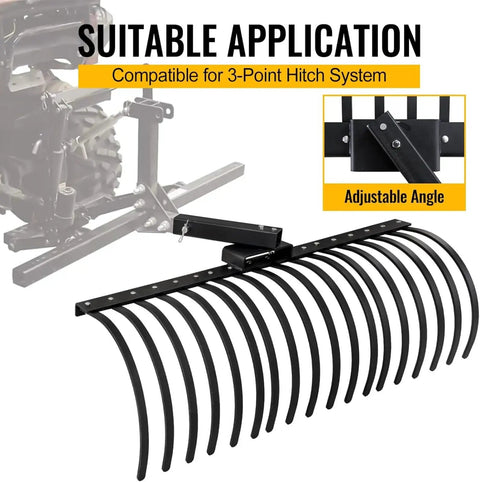 49 Inch Landscape Rake Attachment With 17 Spring Steel Tines for Lawn Tractors and ATV UTVs, shown with adjustable angle feature.