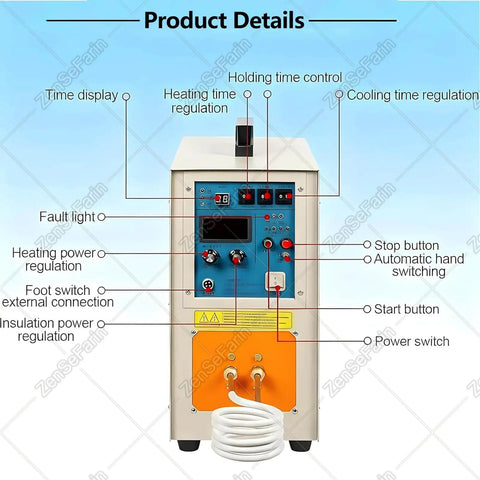 Heavy Duty 15KW Digital High Frequency Induction Heater with control panel showing time display and switches for rapid metal melting and forging.