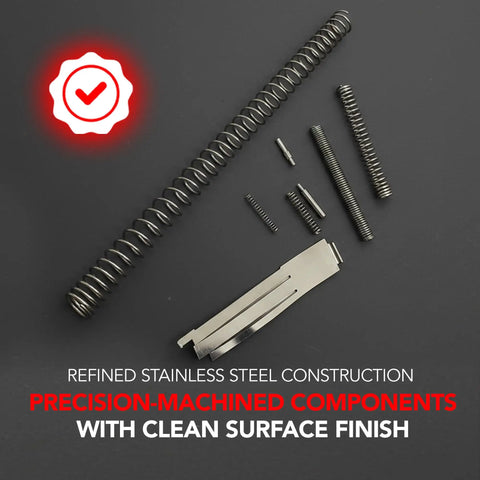 Stainless Steel Spring and Pin Replacement Kit For 1911 Style Platforms, springs and pins on black background.