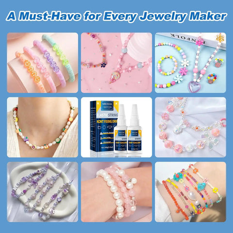 Collage of jewelry made with Bracelet Glue For Elastic String Knots And Bead Charms, Clear Clay Beads Adhesive For Jewelry Making, Punctuation Beads And Bead Craft Kit, Suitable For Plastic Bracelet Stretchy Cord, 100g.