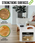 Natural Wood Cleaner Soap White 2.5L for oil-finished surfaces with water and stain resistance features in a living room setting.