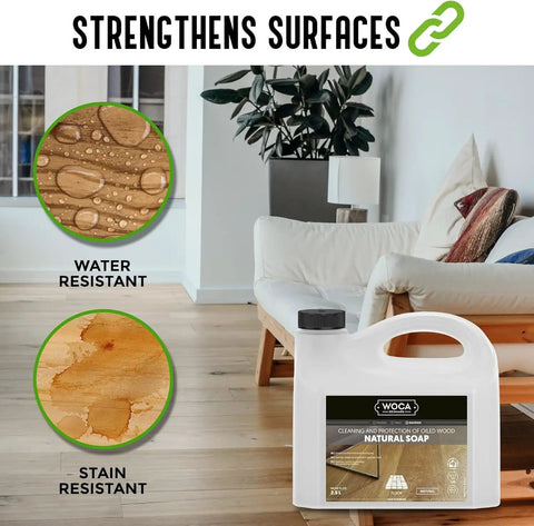 Natural Wood Cleaner Soap White 2.5L for oil-finished surfaces with water and stain resistance features in a living room setting.