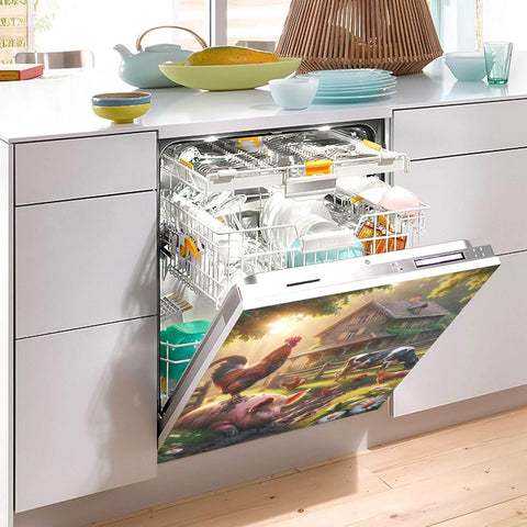 Magnetic Door Cover For Appliances 26 By 23 Inches, Rustic Farmhouse Rooster Pig And Cow Scene on dishwasher panel