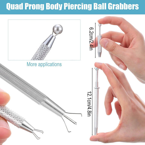 13 Piece Piercing Ball Grabber Tool Set for Easy Jewelry Changes with quad prong design shown in hand.