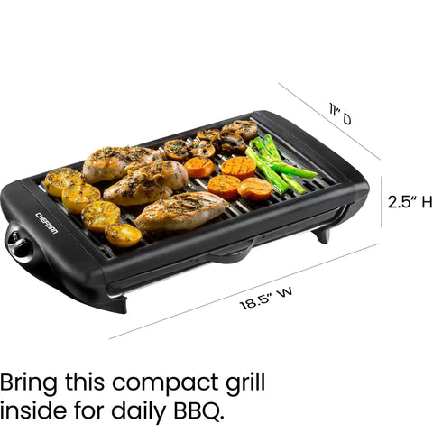 Smokeless Indoor Grill With Nonstick Cooking Surface And Adjustable Temperature From Warm To Sear For Realistic At Home BBQ Flavor Easy Cleanup With Dishwasher Safe Water Tray Black grilling vegetables and chicken