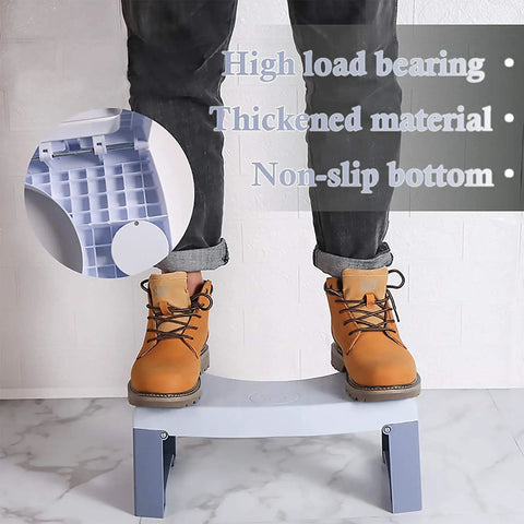 Person standing on blue Foldable Potty Stool For Adults, 7 Inch Squat Footstool with 35 Degree Defecation Angle, Easy Fold design.