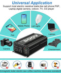 No Sweat 500 Watt Power Inverter For Cars RV Trucks Plug And Play 12Volt To 110Volt Converter shown with device compatibility chart.