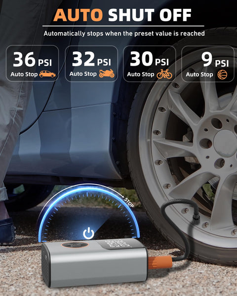 Portable Tire Inflator Air Compressor For Cars, Bikes, And More With 150 PSI, LCD Dual Screen in use with car tire