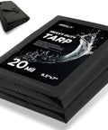 Heavy Duty Built Tough 20 Mil Waterproof Tarp 6.5x7 Ft Black Tarpaulin With Reinforced Webbing Loops displayed folded
