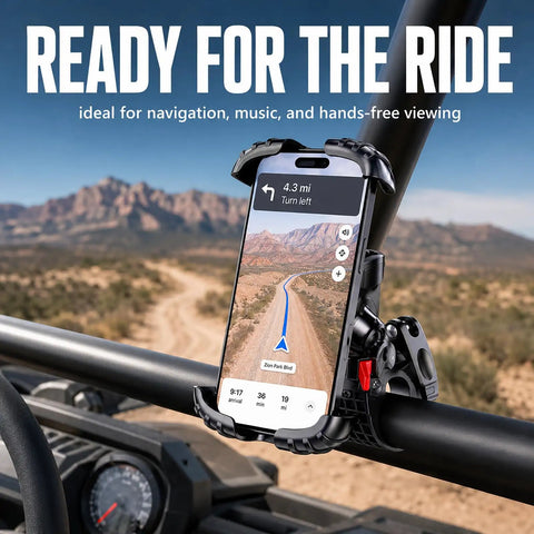 Heavy Duty UTV Phone Mount Designed For Gator Xuv845r Models holds smartphone for navigation on off-road trails.