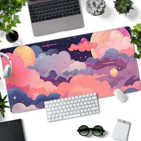 Cute Desk Pad With Kawaii Clouds In Pink And Purple XXL Full Desk Mat For Gaming And Work 31.5 By 15.7 Inches on desk