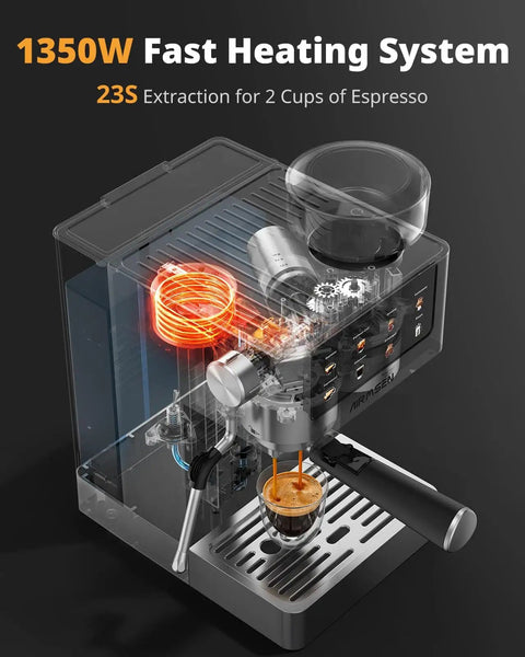 Espresso Machine With Burr Grinder And 20 Bar Pressure, Milk Frother Steam Wand in stainless steel, cutaway view showing internal components.