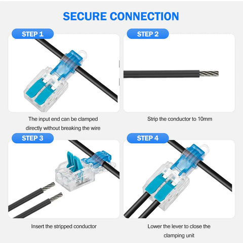 Premium 30 Piece T Tap Wire Connectors Kit For Fast No Strip Low Voltage Splicing 1 In 2 Out Push In Quick Connects Compatible With 20-14 AWG Cables, secure connection steps