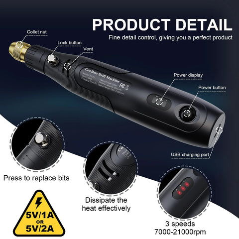 Cordless resin drill by LET'S RESIN, black handheld tool with USB charging and 3-speed control for resin jewelry making