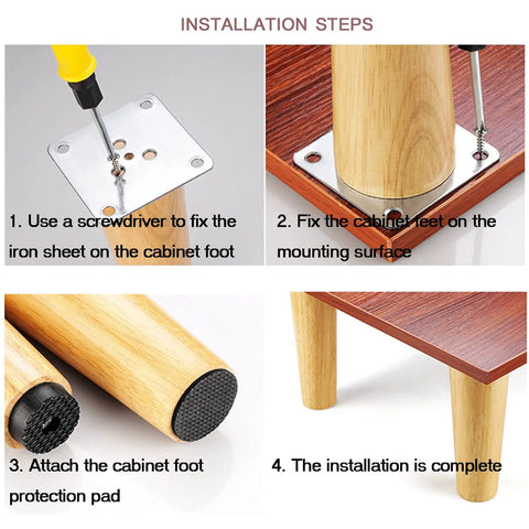 Top Shelf Wooden Furniture Legs Heavy Duty Replacement Riser Feet For Sofas Tables And Cabinets Set Of Four installation steps showing assembly.