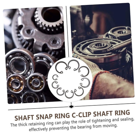 Close-up of 100 Piece External Snap Ring Set For Shafts And Machinery next to gears and bearings in machinery use.