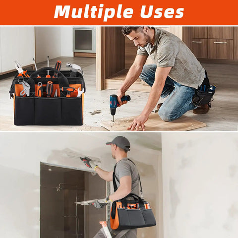 Heavy Duty Tool Tote Bag 14 Inch With Thick Outer Pocket Waterproof Organizer on job site with workers using tools.