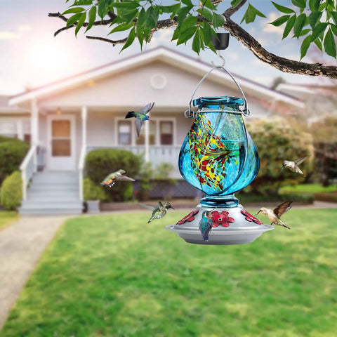Hand Blown Glass Hummingbird Feeder With Ant Moat And Bee Proof Ports For Outdoor Hanging Leak Proof 360 Degree Perch 22 Ounce Blue