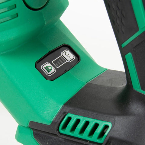 Close-up of 36V MultiVolt Brushless Reciprocating Saw Kit With 18V 36V Battery, speed selector detail for precise cutting control.