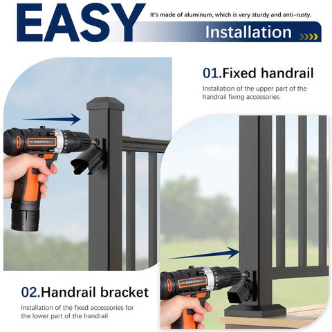 Installation process of Heavy Duty Aluminum Railing Brackets 4 Pack With Stair Foot for Angled Decks and Porches.