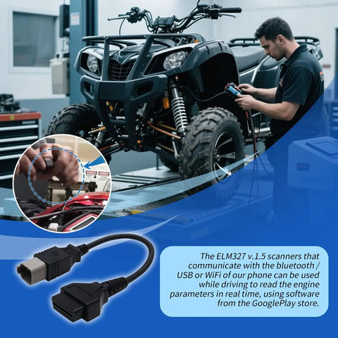 Six Pin To OBD2 CAN Diagnostic Tool Cable Adapter in use for BRP Can-Am ATV scan with a mechanic and OBD II 16 Pin to 6 Pin connector.