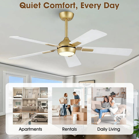 52 Inch White Gold Ceiling Fan With Light And Remote DC Motor 6 Speeds Reversible Dimmable 3CCT LED Modern Sleek Ceiling Fan