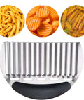 Front view of large stainless steel crinkle cutter with black handle; wavy blade for potatoes and carrots
