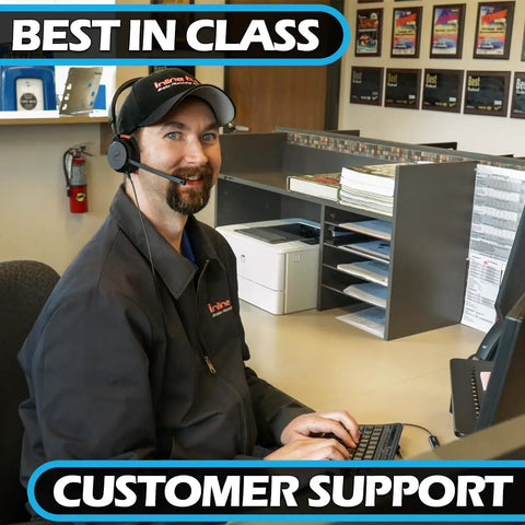 Smiling customer support representative wearing a headset in office, focused on providing assistance, Best in Class Customer Support.